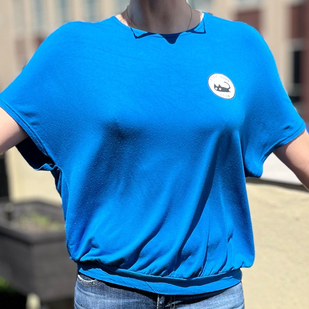 Women T Shirt Blue Short Sleeve Pullover Open Back With Bow tie Loose Summer